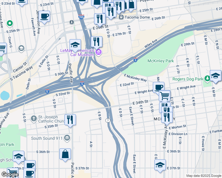 map of restaurants, bars, coffee shops, grocery stores, and more near 320-508 East 32nd Street in Tacoma