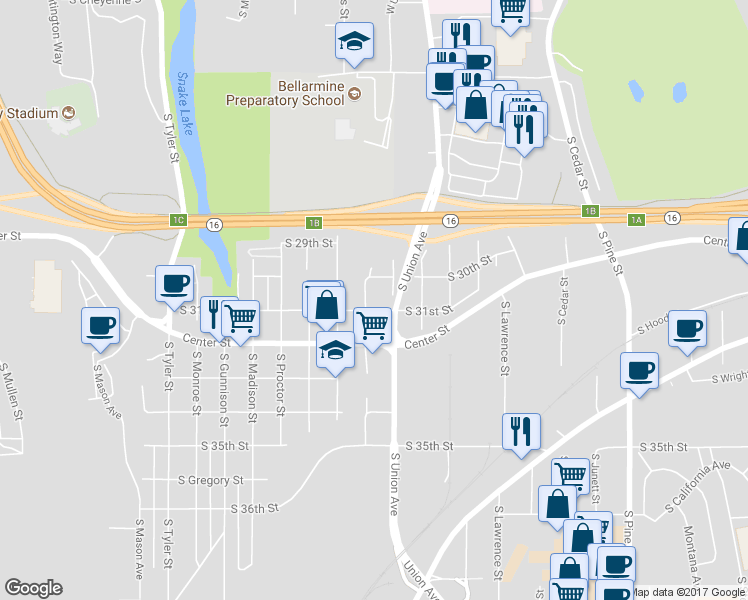 map of restaurants, bars, coffee shops, grocery stores, and more near 3104 South Union Avenue in Tacoma