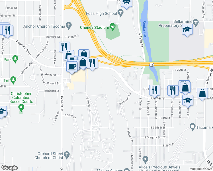 map of restaurants, bars, coffee shops, grocery stores, and more near 31 in Tacoma