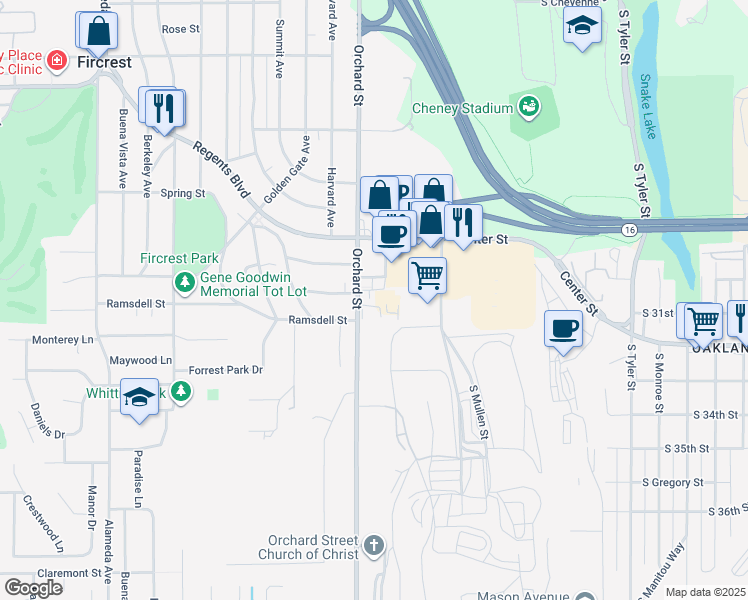 map of restaurants, bars, coffee shops, grocery stores, and more near 3035 South Orchard Street in Tacoma