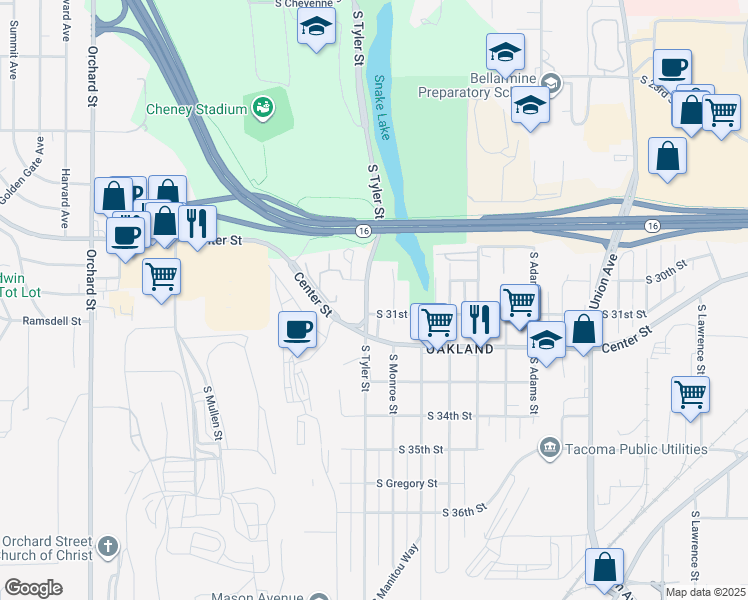 map of restaurants, bars, coffee shops, grocery stores, and more near 3015 South Tyler Street in Tacoma