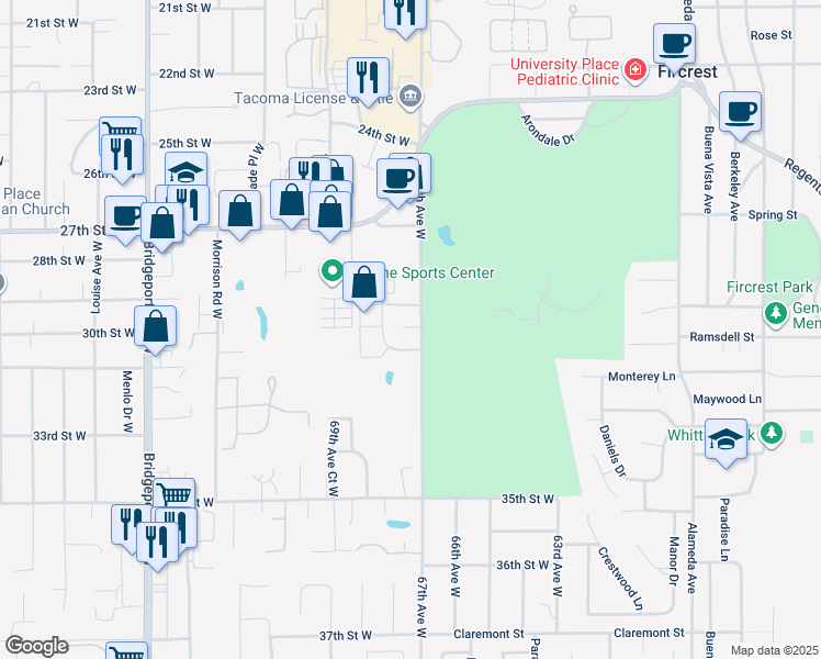 map of restaurants, bars, coffee shops, grocery stores, and more near 3036 68th Avenue Court West in University Place