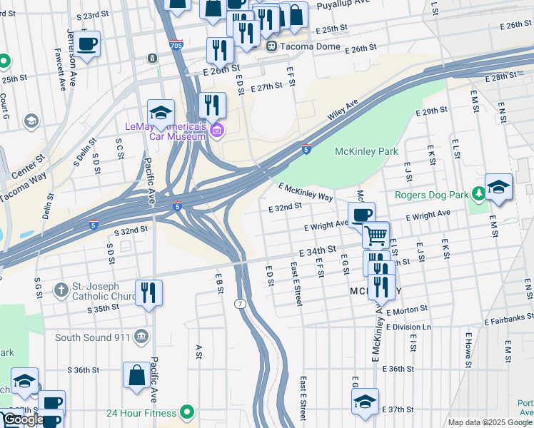 map of restaurants, bars, coffee shops, grocery stores, and more near 407 East Wright Avenue in Tacoma
