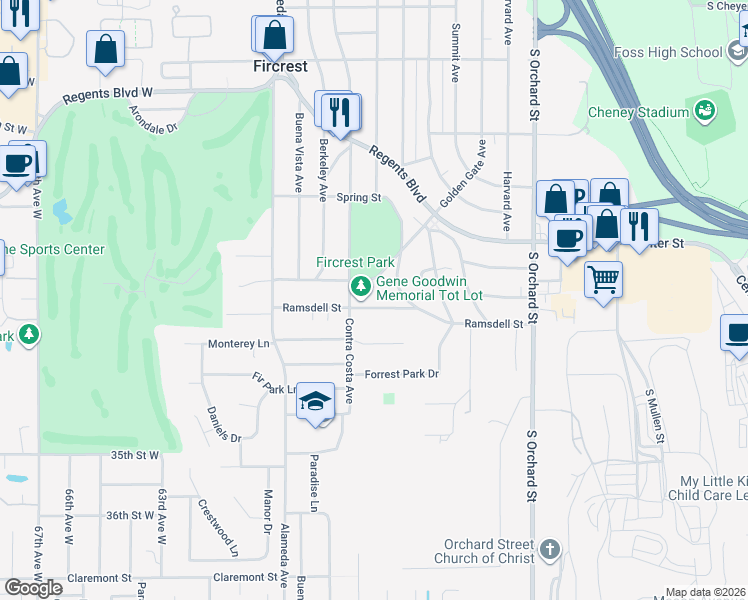 map of restaurants, bars, coffee shops, grocery stores, and more near 707 Contra Costa Avenue in Fircrest