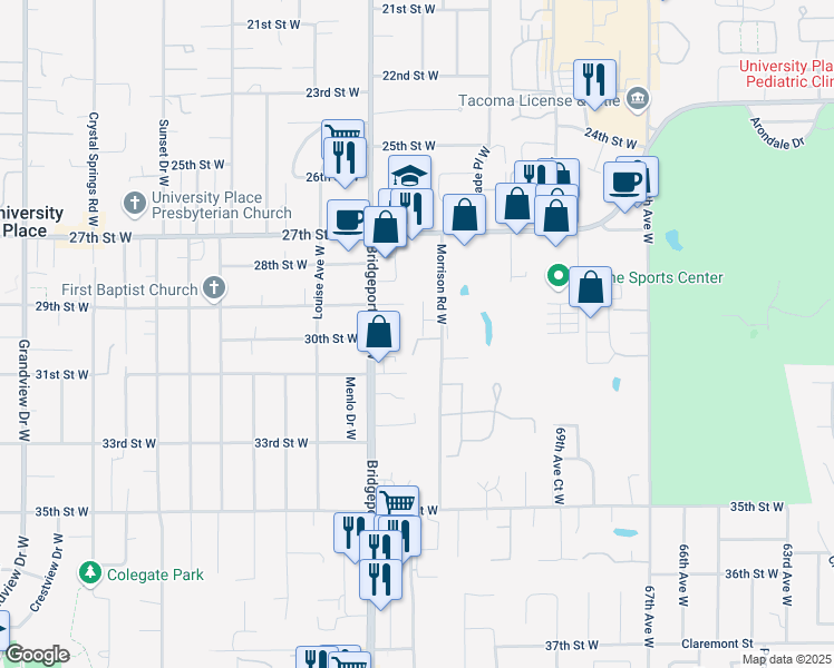 map of restaurants, bars, coffee shops, grocery stores, and more near 3022 Morrison Road West in University Place