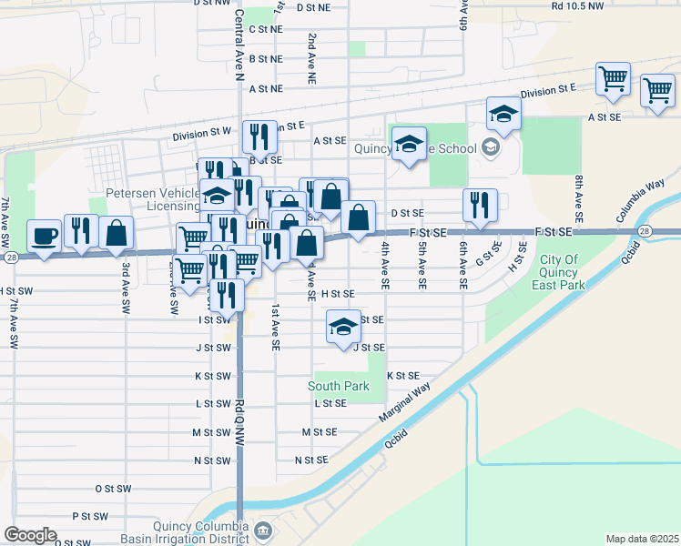 map of restaurants, bars, coffee shops, grocery stores, and more near in Quincy