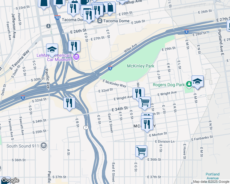 map of restaurants, bars, coffee shops, grocery stores, and more near 510 East 32nd Street in Tacoma