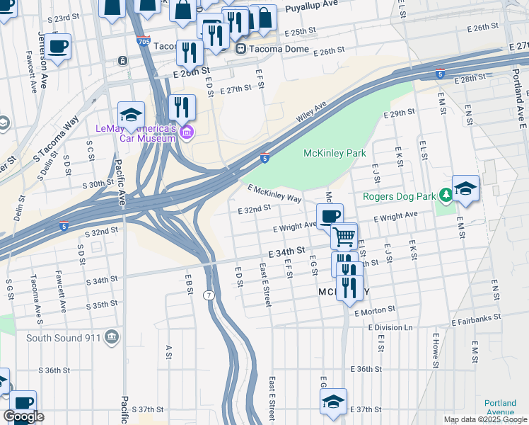 map of restaurants, bars, coffee shops, grocery stores, and more near 510 East 32nd Street in Tacoma