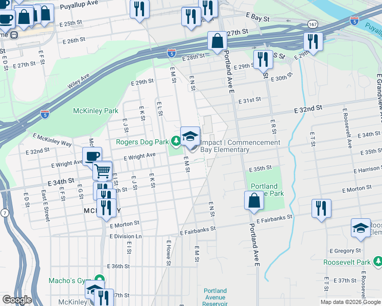 map of restaurants, bars, coffee shops, grocery stores, and more near 1301 East 34th Street in Tacoma