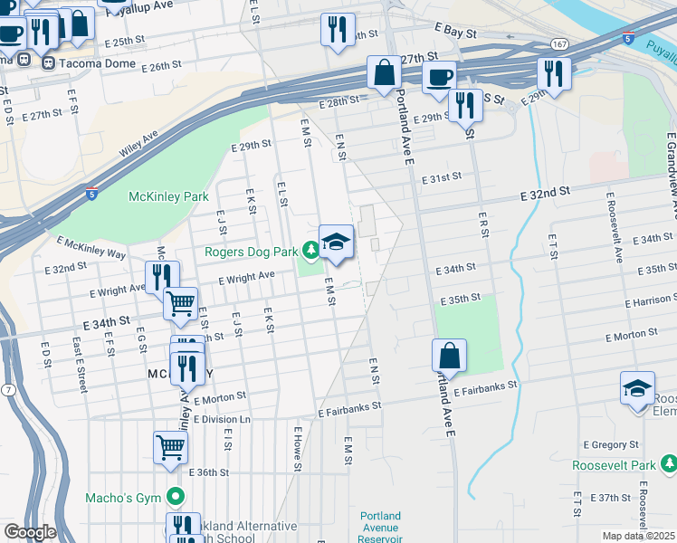 map of restaurants, bars, coffee shops, grocery stores, and more near 1319 East 34th Street in Tacoma
