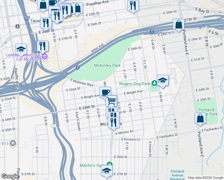 map of restaurants, bars, coffee shops, grocery stores, and more near 3202 East I Street in Tacoma