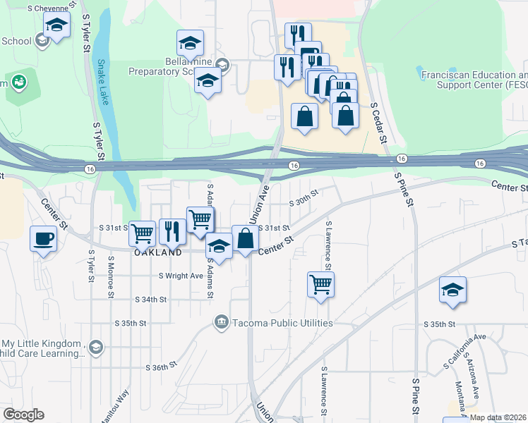 map of restaurants, bars, coffee shops, grocery stores, and more near 2922 South Puget Sound Avenue in Tacoma