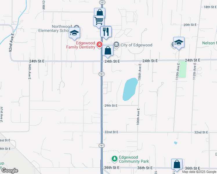 map of restaurants, bars, coffee shops, grocery stores, and more near 2601 Meridian Avenue East in Edgewood