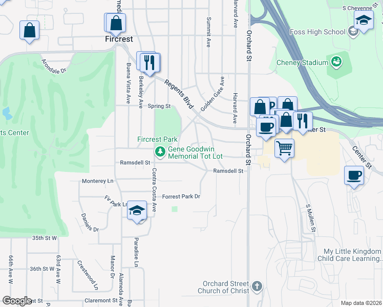 map of restaurants, bars, coffee shops, grocery stores, and more near 707 Alta Vista Place in Fircrest
