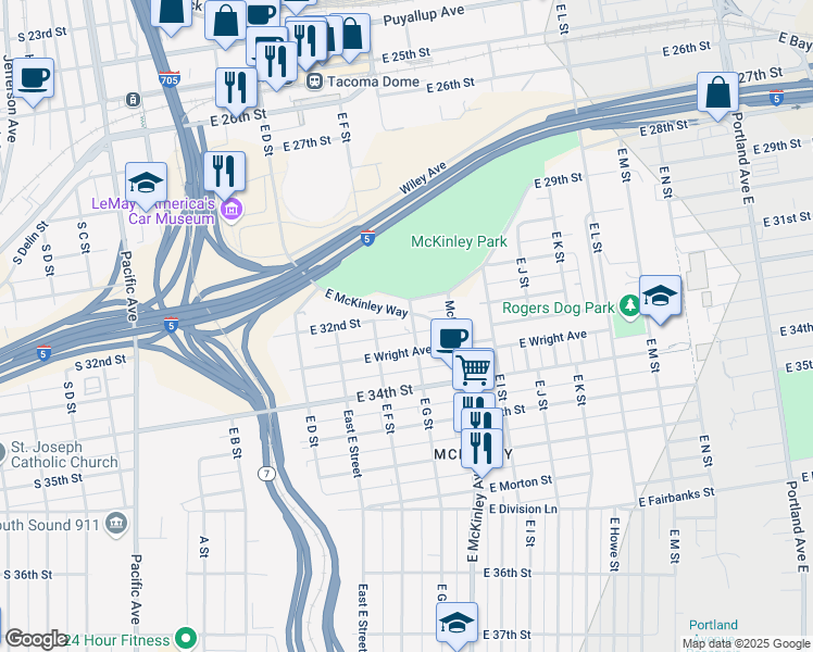 map of restaurants, bars, coffee shops, grocery stores, and more near 620 Upper Park Street in Tacoma