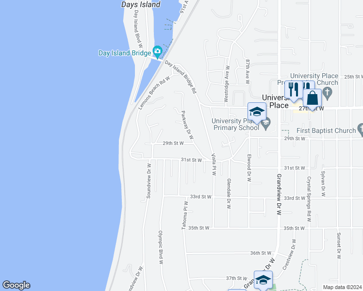 map of restaurants, bars, coffee shops, grocery stores, and more near 9025 29th Street West in University Place