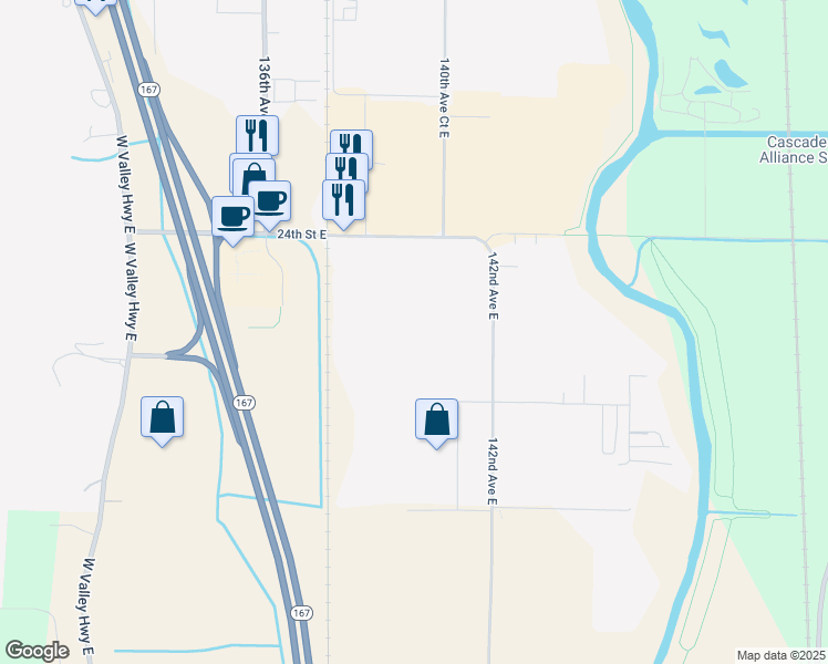 map of restaurants, bars, coffee shops, grocery stores, and more near 2500 142nd Avenue East in Sumner