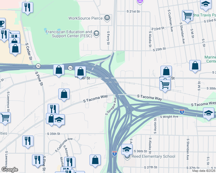 map of restaurants, bars, coffee shops, grocery stores, and more near 2011 S Tacoma Way in Tacoma