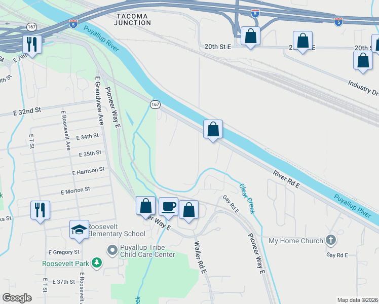 map of restaurants, bars, coffee shops, grocery stores, and more near 2920 30th Avenue East in Tacoma