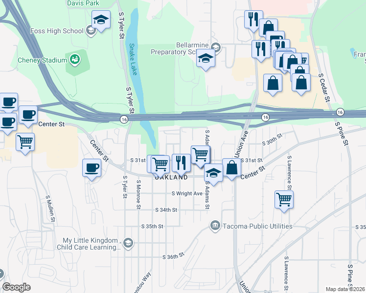 map of restaurants, bars, coffee shops, grocery stores, and more near 3003 South Proctor Street in Tacoma