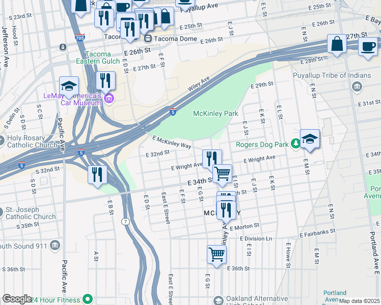 map of restaurants, bars, coffee shops, grocery stores, and more near 624 East 32nd Street in Tacoma