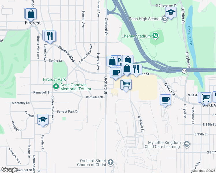 map of restaurants, bars, coffee shops, grocery stores, and more near 5002 South 30th Street in Tacoma
