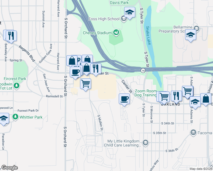 map of restaurants, bars, coffee shops, grocery stores, and more near 6 in Tacoma
