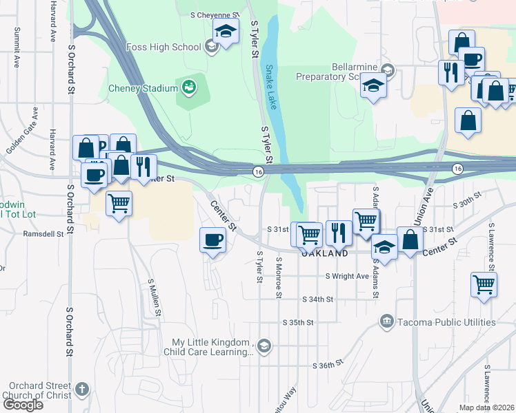 map of restaurants, bars, coffee shops, grocery stores, and more near 2908 South Monroe Street in Tacoma