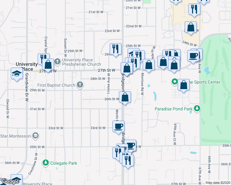 map of restaurants, bars, coffee shops, grocery stores, and more near 7515 29th Street West in University Place