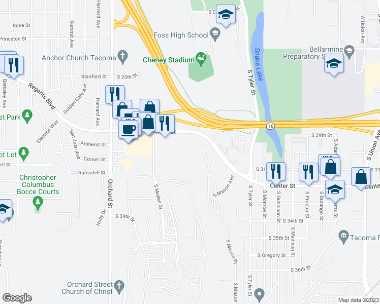 map of restaurants, bars, coffee shops, grocery stores, and more near 47 in Tacoma
