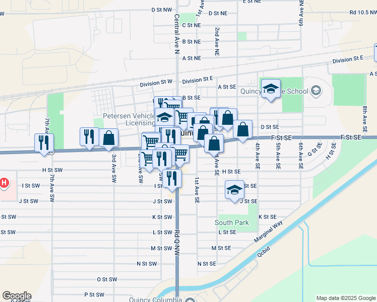 map of restaurants, bars, coffee shops, grocery stores, and more near 500 Central Avenue South in Quincy