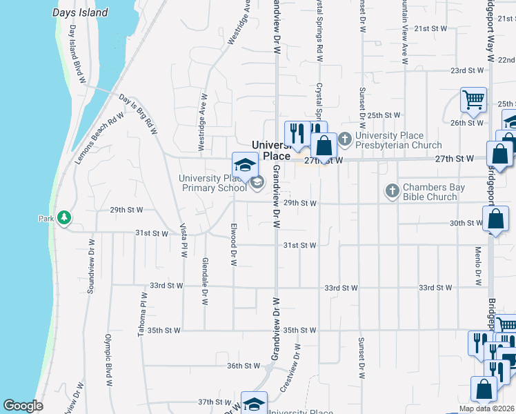 map of restaurants, bars, coffee shops, grocery stores, and more near 8522 29th Street West in University Place