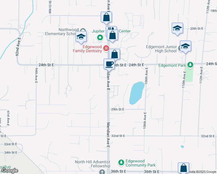 map of restaurants, bars, coffee shops, grocery stores, and more near 2629 Meridian Avenue East in Edgewood
