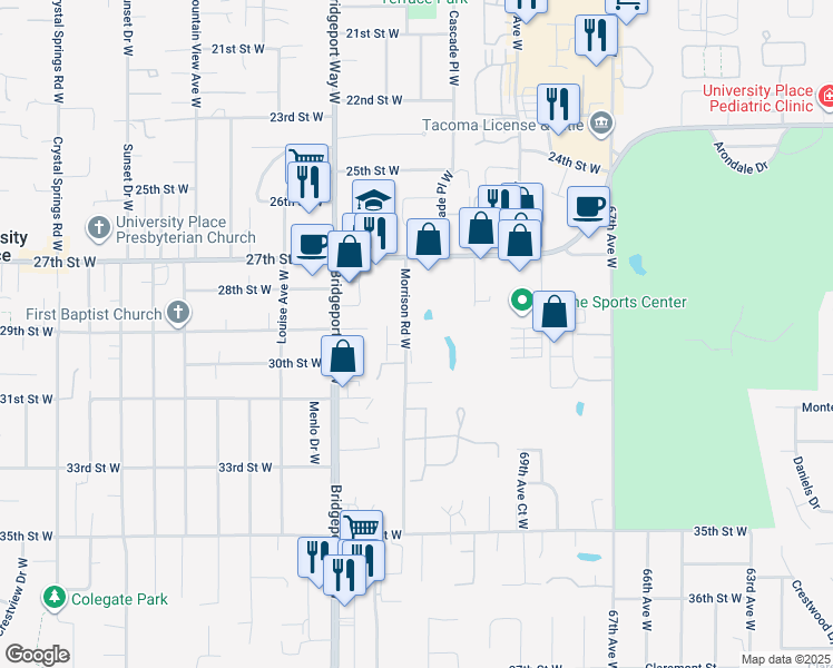 map of restaurants, bars, coffee shops, grocery stores, and more near 2905 Morrison Road West in University Place