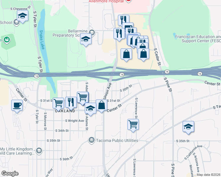map of restaurants, bars, coffee shops, grocery stores, and more near 2922 South Puget Sound Avenue in Tacoma