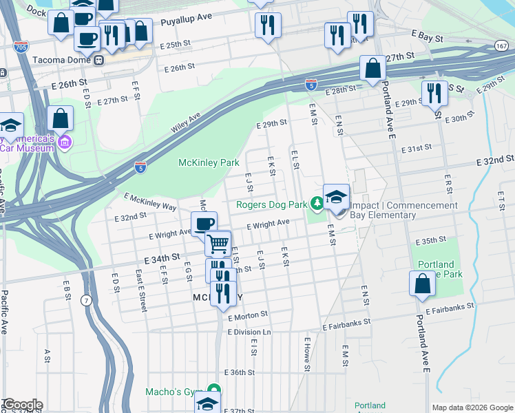 map of restaurants, bars, coffee shops, grocery stores, and more near 1009 East Mckinley Road in Tacoma