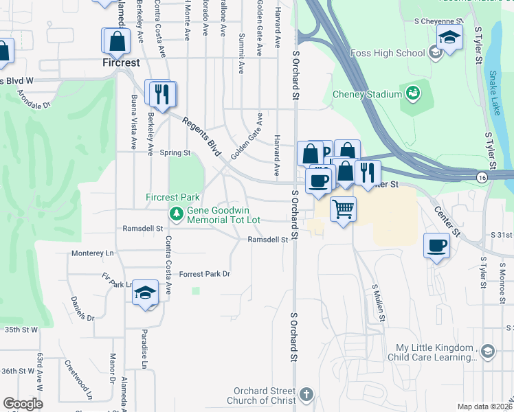 map of restaurants, bars, coffee shops, grocery stores, and more near 150 Amherst Street in Fircrest
