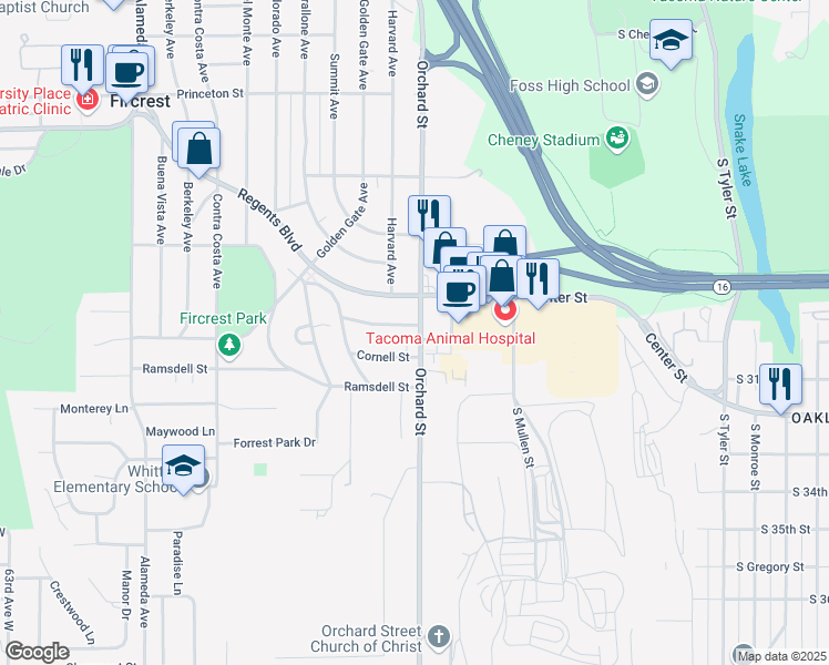map of restaurants, bars, coffee shops, grocery stores, and more near 102 Amherst Street in Fircrest