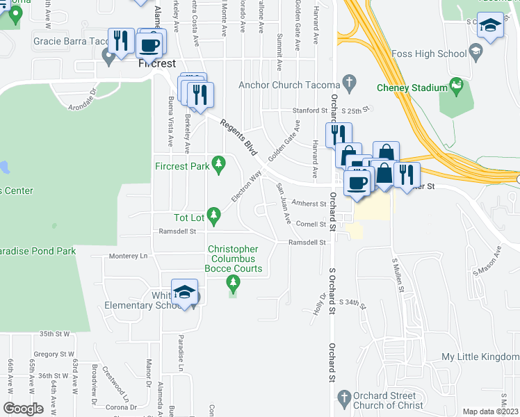 map of restaurants, bars, coffee shops, grocery stores, and more near 707 Alta Vista Place in Fircrest