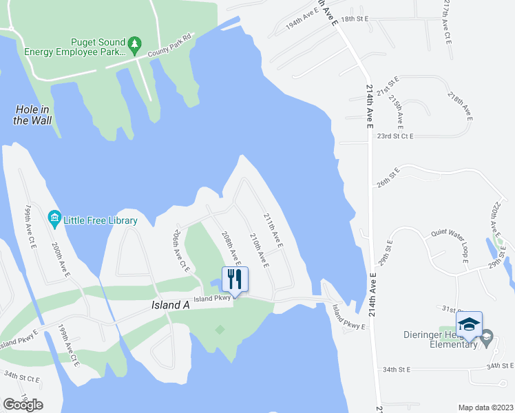 map of restaurants, bars, coffee shops, grocery stores, and more near 2610 211th Avenue East in Lake Tapps