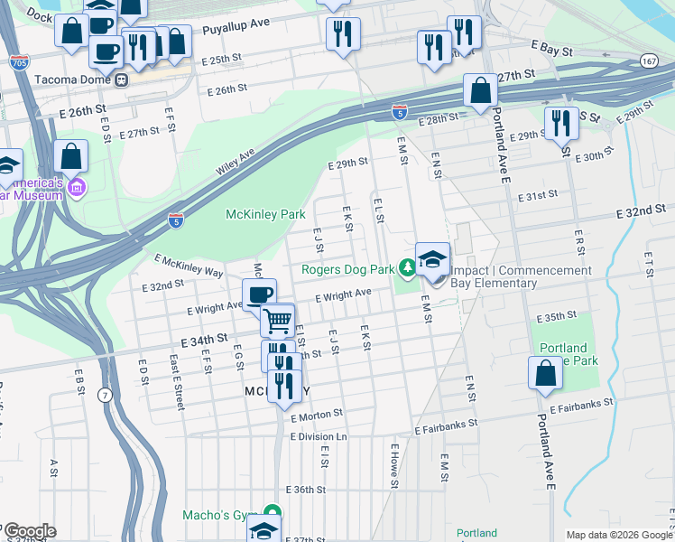map of restaurants, bars, coffee shops, grocery stores, and more near 1009 East Mckinley Road in Tacoma