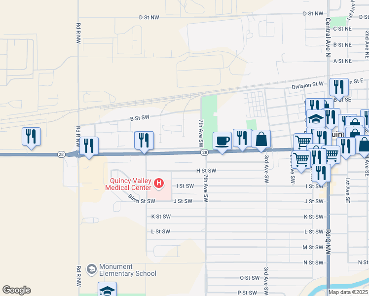 map of restaurants, bars, coffee shops, grocery stores, and more near 1005 E Street Southwest in Quincy