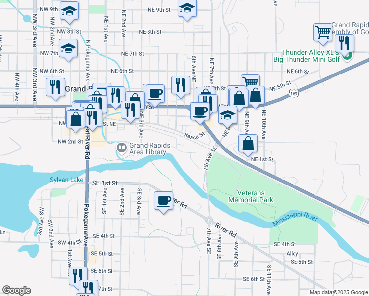 map of restaurants, bars, coffee shops, grocery stores, and more near 525 Canal Street in Grand Rapids
