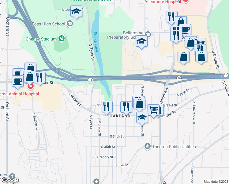 map of restaurants, bars, coffee shops, grocery stores, and more near 2920 S Madison St in Tacoma