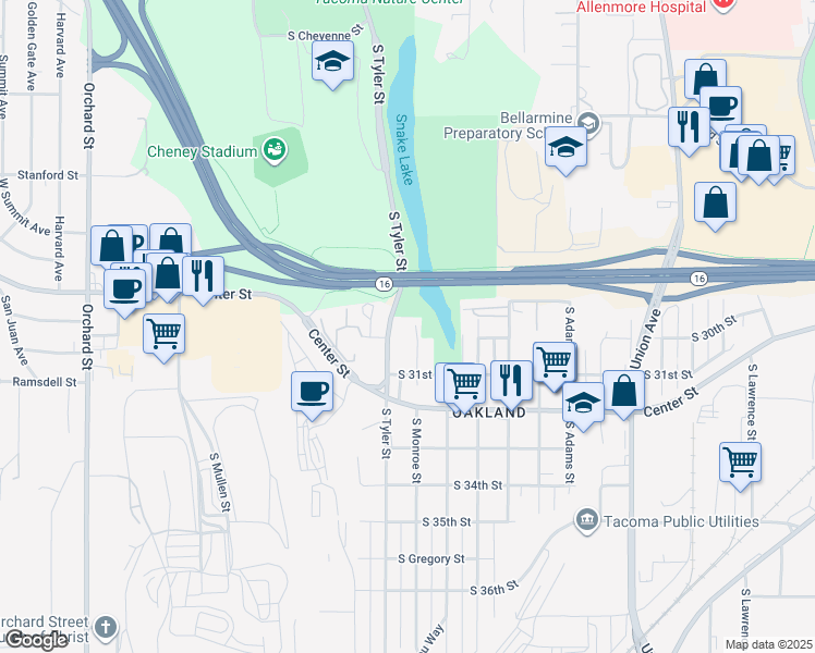 map of restaurants, bars, coffee shops, grocery stores, and more near 2908 South Monroe Street in Tacoma