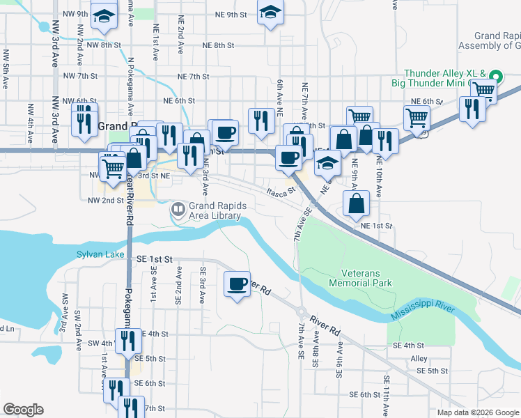 map of restaurants, bars, coffee shops, grocery stores, and more near 515 Canal Street in Grand Rapids