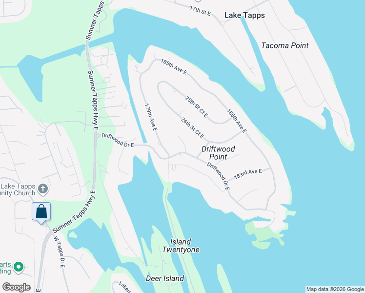 map of restaurants, bars, coffee shops, grocery stores, and more near 2704 180th Avenue East in Lake Tapps