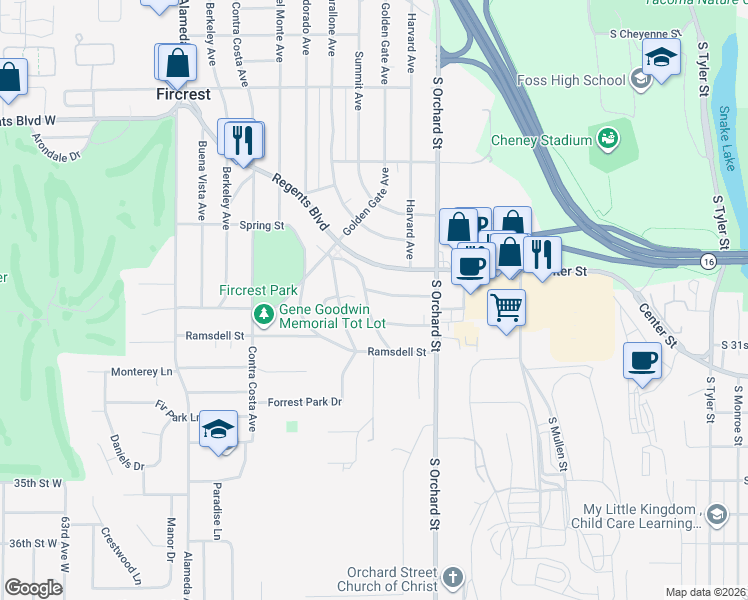 map of restaurants, bars, coffee shops, grocery stores, and more near 150 Amherst Street in Fircrest