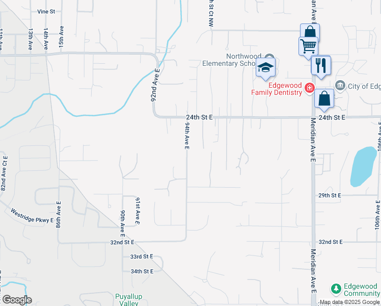 map of restaurants, bars, coffee shops, grocery stores, and more near 2613 94th Avenue East in Edgewood