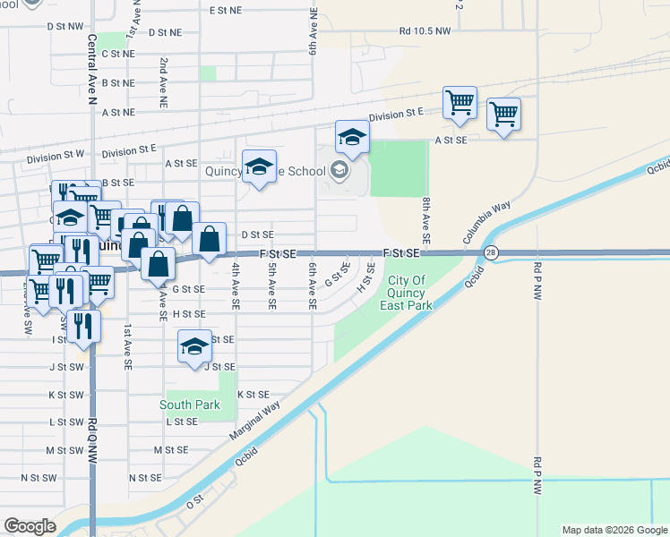 map of restaurants, bars, coffee shops, grocery stores, and more near 610 F Street Southeast in Quincy